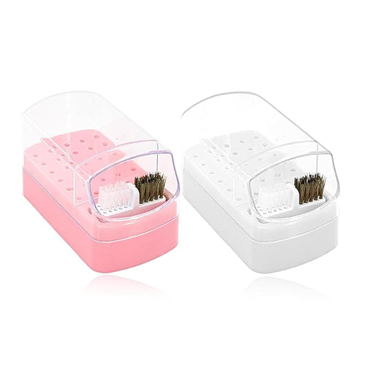 2 Pcs 2 In 1 Nail Drill Bit Holder, 30 Holes Case Tech Bits Cleaning Brush Organizer Professional Nail Tools Dustproof Stand Displayer Storage Box (Pink+White)