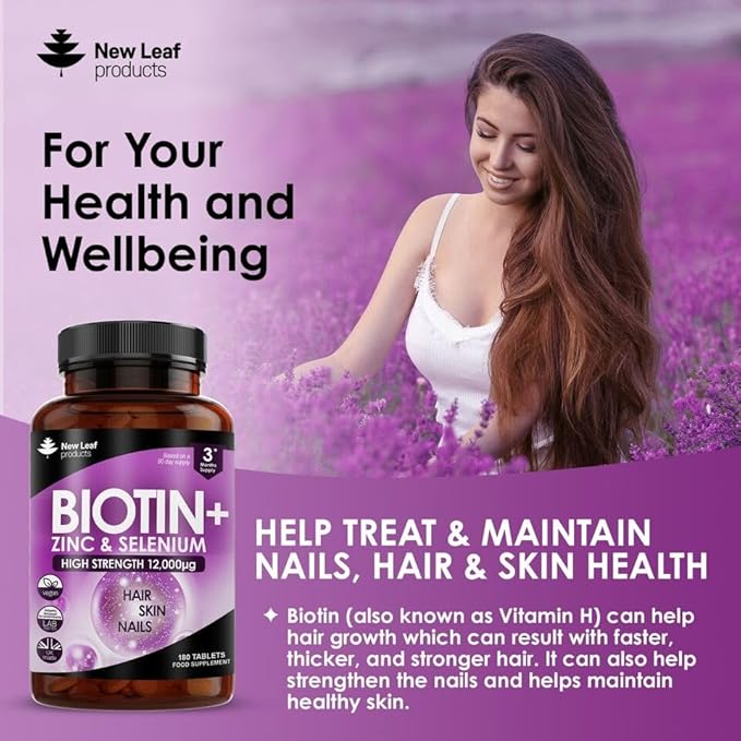 Biotin Hair Growth Vitamins 12000mcg High Strength with Coconut Oil - Promotes Healthy Hair Skin & Nails - Biotin Vitamins for Women& Men Vegan, Gluten Free Supplements - Made in The UK by New Leaf