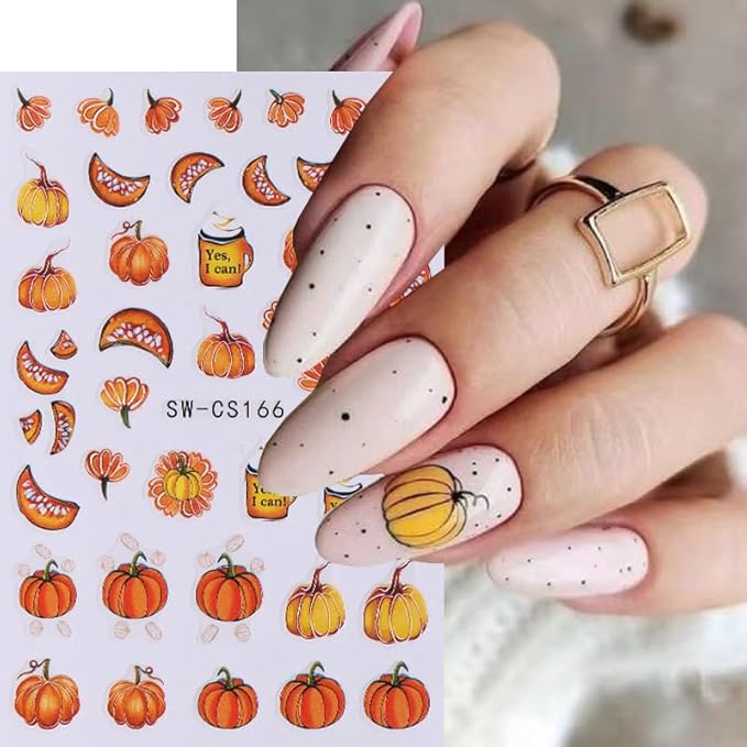 Fall Nail Art Stickers Autumn Leaf Pumpkin Nail Decals 3D Self-Adhesive Nail Art Supplies 6PCS Maple Leaves Pumpkin Nails Design Fall Stickers for Nails Women DIY Manicure Decorations Accessories