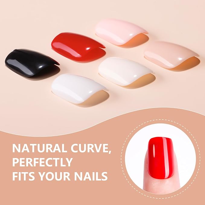 Makartt Press on Nails Kit: Short Classic Monochrome Coffin Tips in 6 Styles 144PCS, Natural Fit with Adhesive Tabs, Nail Glue, and File, Manicure Set for Home Salon
