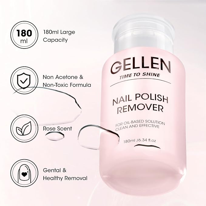 Gellen Nail Polish Remover, Non Acetone Nail Polish Remover for Regular Nail Polishes, Rose Scent Healthy, Easy Push-down Pump, 6.09 Fl Oz
