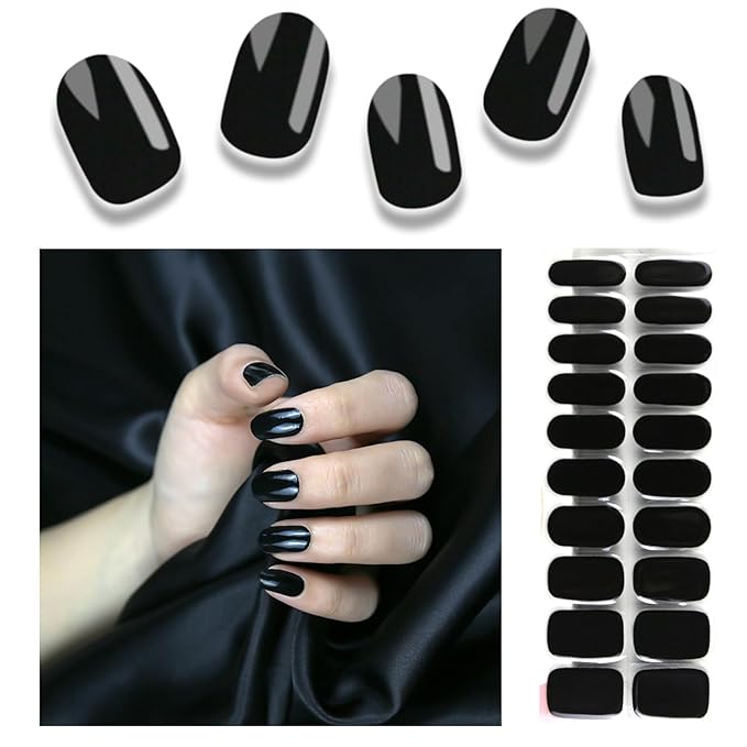 Semi Cured Gel Nail Strips, 20pcs Real Nail Polish Art Stickers, Pure Black Gel Nail Stickers - Work with Any UV Lamp, Long Lasting Full Wraps with Nails File and Stick