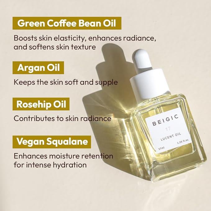 BEIGIC Lucent Oil - Vegan Face Oil Firming Hydrating Serum with Green Coffee Bean, Argan, Rosehip Oils & Squalane for Glowy Skin (1.25 Fl. Oz)
