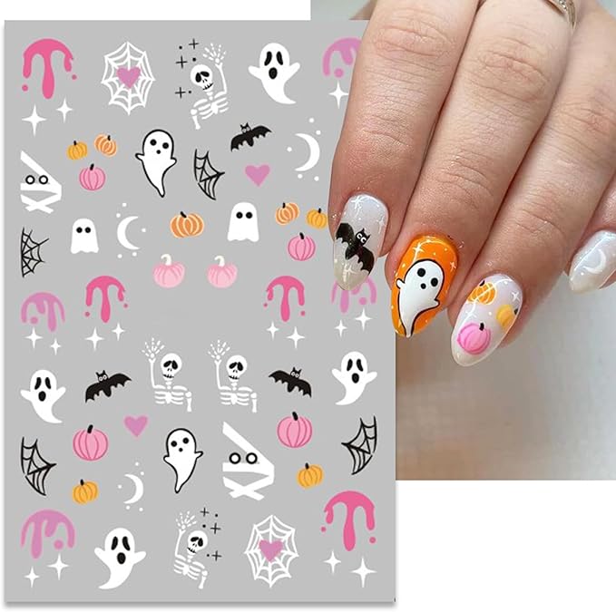 5 Sheets Halloween Nails Stickers Spider Web Bat Nails Art Stickers 3D Self-Adhesive Supplies Nail Decal with Evil Pumpkin Skeleton Design Nail Sticker for Nail Art Women's DIY Decoration
