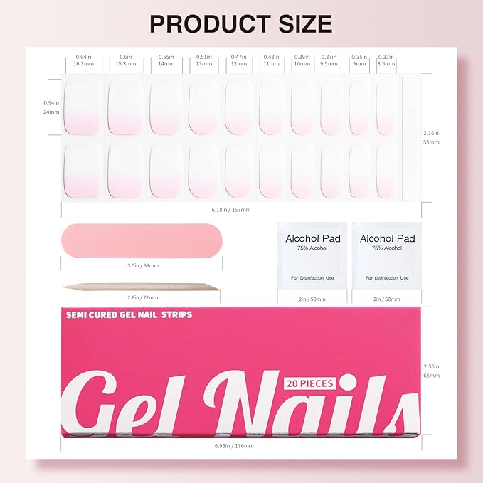 Semi Cured Gel Nail Strips, 20 PCS Gel Nail Stickers Work with UV Light, Salon Quality & Easy to Use - Gradient Nude