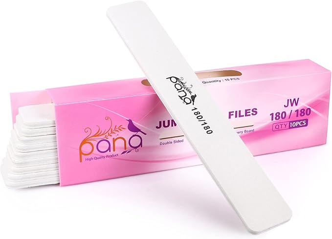 10PCS Jumbo Size PANA Professional Double Sided Nail Files - White, 180/180 Grit - Emery Board Nail Buffering File Manicure Pedicure Nail Polisher Washable