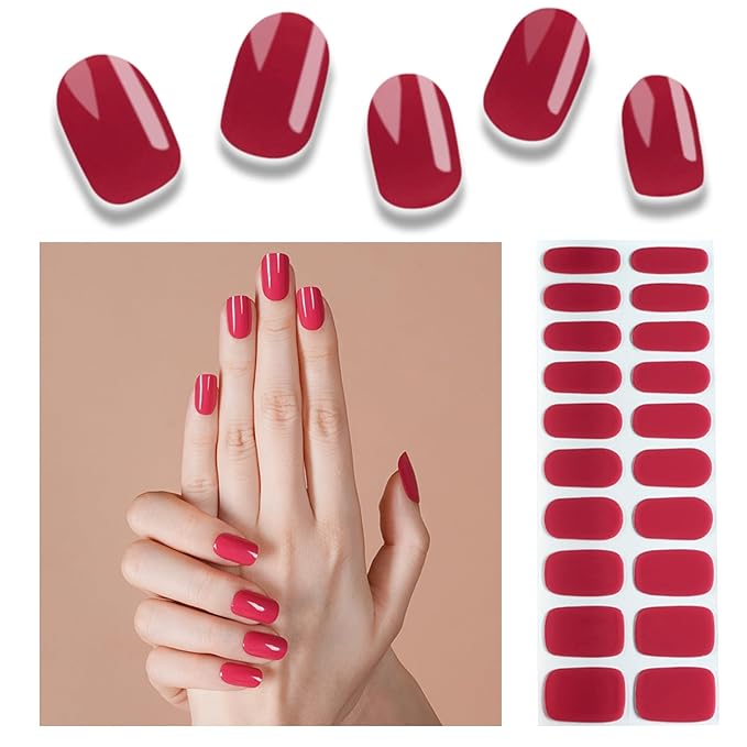 Semi Cured Gel Nail Strips, 20pcs Real Nail Polish Art Stickers, Red-C Gel Nail Stickers - Work with Any UV Lamp, Long Lasting Full Wraps with Nails File and Stick