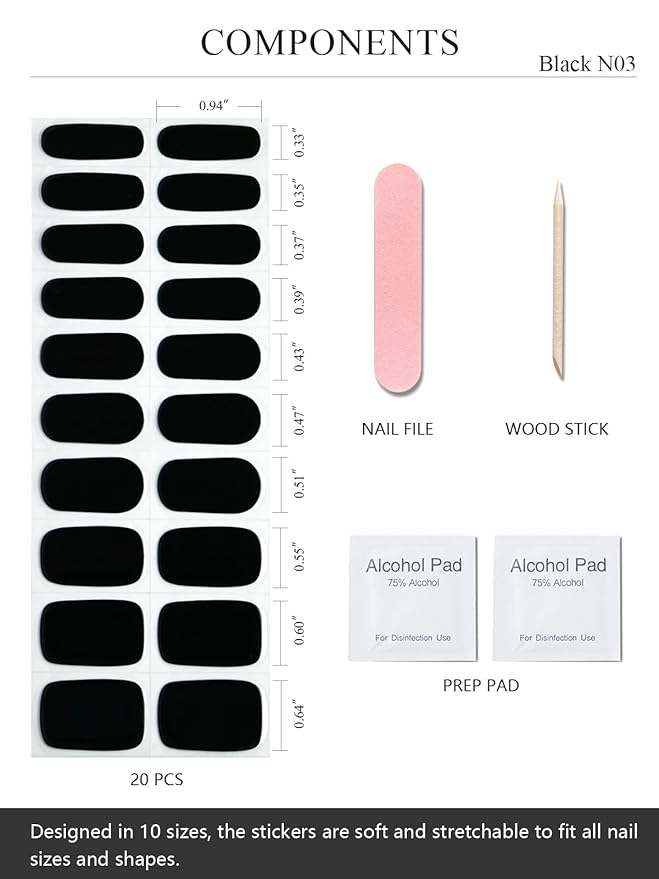 Semi Cured Gel Nail Strips (Black N03), 20 Pcs Gel Nail Wraps, Stickers, Salon Quality, Long Lasting, Works With Any Lamps