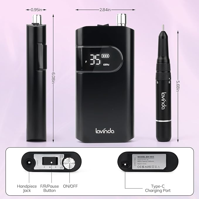 Lavinda 35000RPM Electric Nail Drill, Professional Cordless Nail Drill Machine Portable Rechargeable Nail Efile for Acrylic Gel Nails, Manicure Pedicure Polishing Shape Tools for Salon Home Use-Black