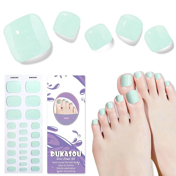 Semi Cured Gel Toe Nail Strips,26 Pcs Toes Nail Stickers Wraps(Mint Green),UV Light Required,Easy to Apply