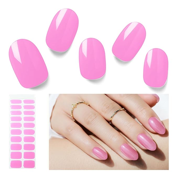 Semi Cured Gel Nail Strips, 20 PCS Gel Nail Stickers Work with UV Light, Gel Nail Wraps, Salon Quality & Easy to Use - Pink Lemonade