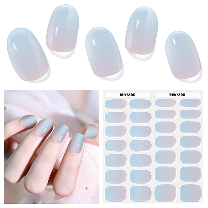 Semi Cured Gel Nail Strips, 28 pcs Gel Nail Stickers Work with Any UV Lights, Long-Lasting Nail Wraps, Stick on Nails for women Easy to Apply & Remove