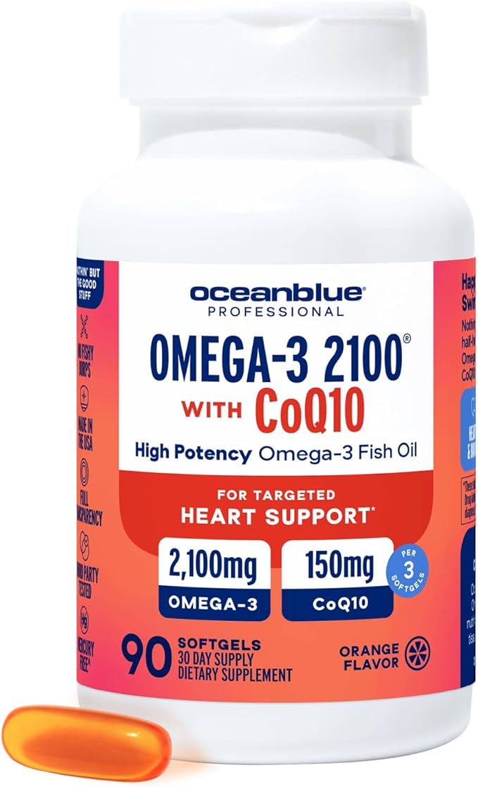 Oceanblue Omega-3 2100 Bundle – CoQ10 90ct + Triple Strength 60ct – High-Potency EPA, DHA & DPA – Heart & Brain Support – Orange Flavor, Burpless Fish Oil - 2 Pack