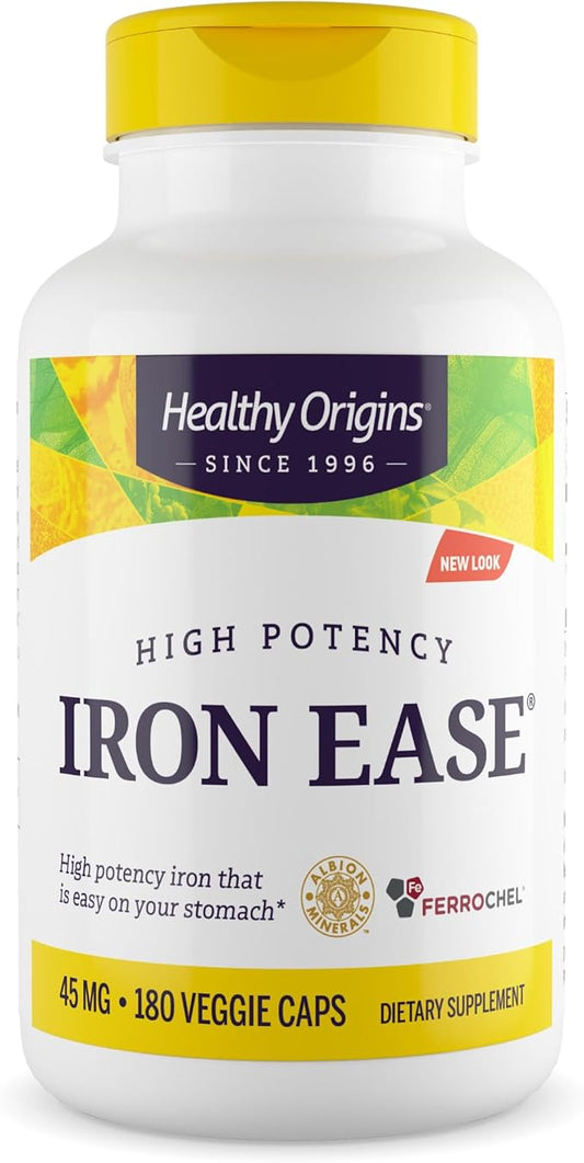 Healthy Origins Iron Ease 45 mg (Featuring Albion Ferrochel, Non-GMO, High Potency, Ferrous Bisglycinate Chelate), 180 Veggie Caps