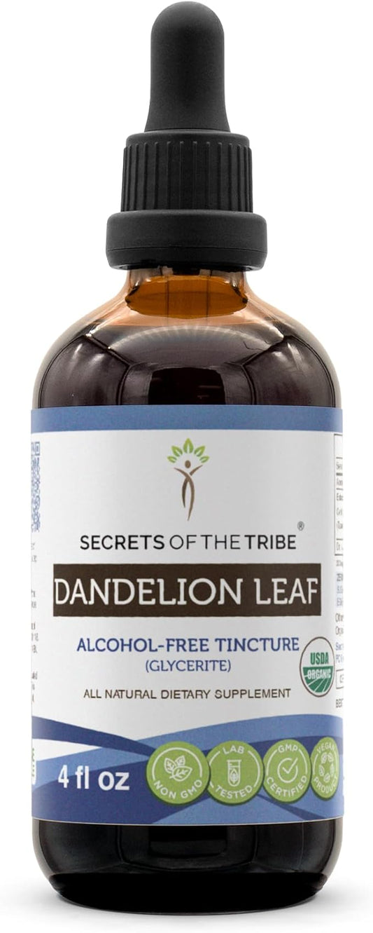 Secrets of the Tribe Dandelion Leaf USDA Organic | Alcohol-Free Extract, High-Potency Herbal Drops | Made from 100% Certified Organic Taraxacum Officinale Dried Leaf 4 fl oz