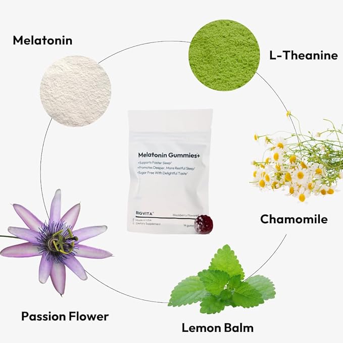 BIGVITA Melatonin Gummies+ | Natural Sleep Support with L-Theanine, Chamomile & Botanicals, Rest & Recharge