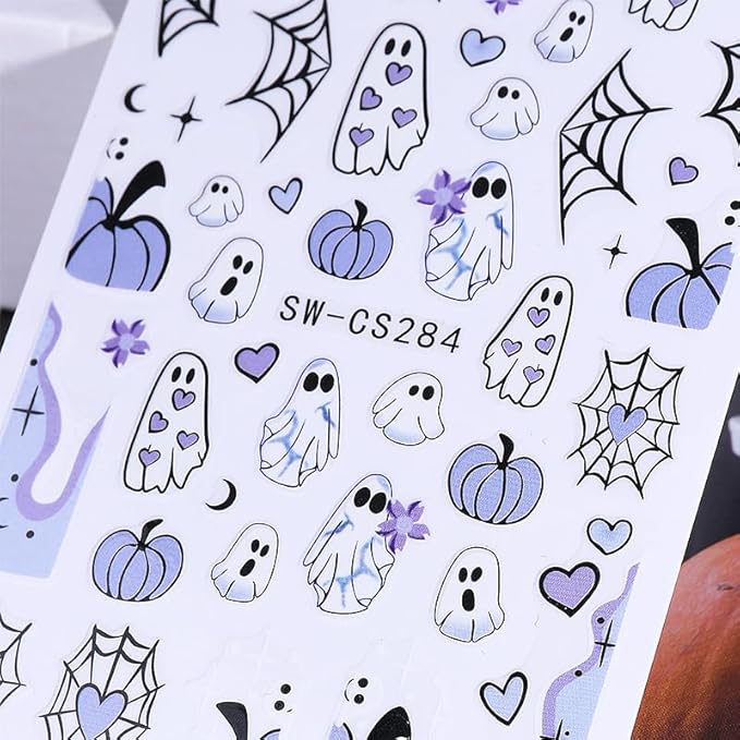 Halloween Nail Art Stickers Decals Ghost Pumpkin Halloween Design Nail Decals 3D Self-Adhesive Nail Art Supplies 6PCS Mushroom Ghost Moon Pumpkin Nails Deign Stickers for Women DIY Nail Decorations