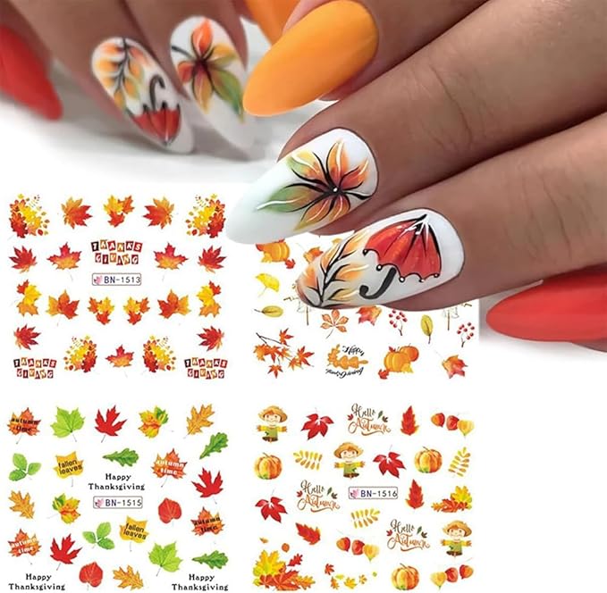 12 Sheets Fall Maple Leaf Nail Art Stickers Autumn Water Transfer Nail Decals Thanksgiving Day Nail Art Supplies Turkey Pumpkin Leaves Scarecrow Nail Design Slider Stickers for Women Nail Decorations