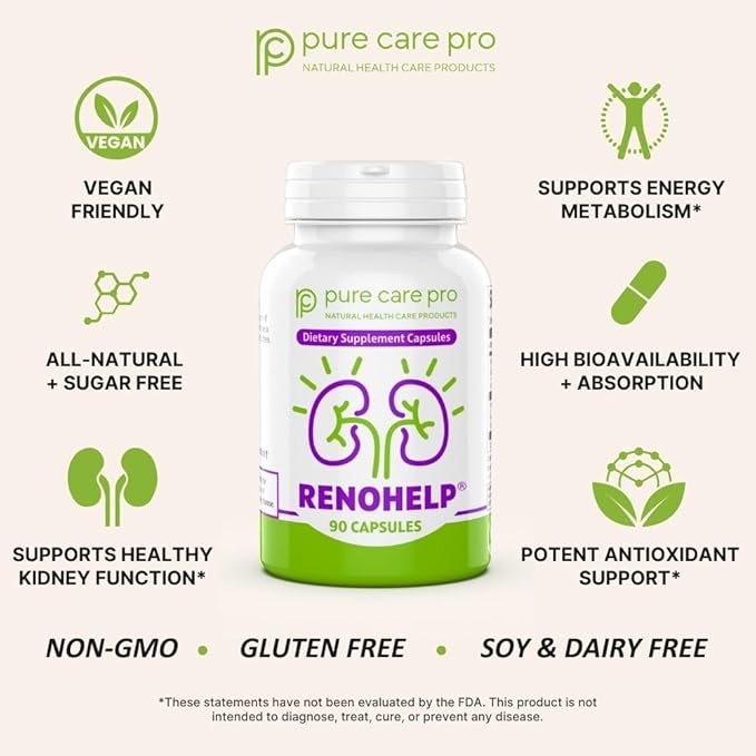 Renohelp Powerful All-Natural Kidney Support Supplement for Healthy Kidney Function, Creatinine Levels and Glomerular Filtration, Vegan & Gluten Free* (90 Capsules)