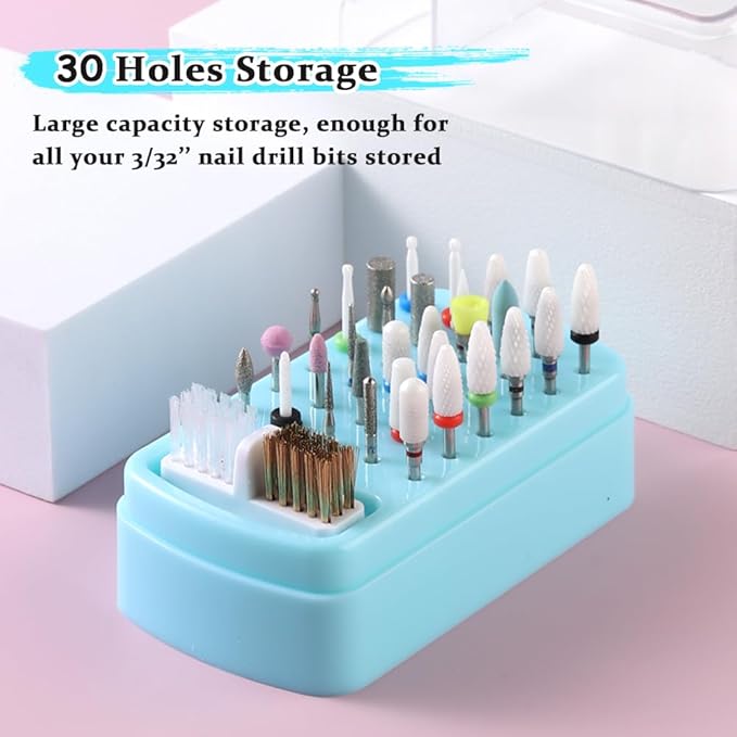 2 in 1 Nail Drill Bit Holder & Cleaner Brush Case, 30 Holes Dustproof Stand Display Organizer Container, Steel Wire & Nylon Double Brush for Cleaning Tungsten Carbide Ceramic Nail Drill Bits Cuticle