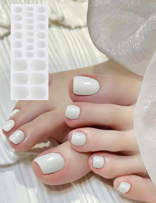 Semi Cured Gel Toenail Strips, 26 White Shimmer Gel Toe Nail Stickers, Works with Any UV Lamps