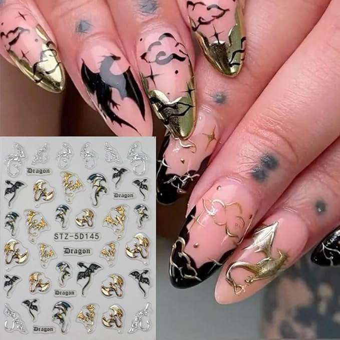 Halloween Nail Stickers 5D Metallic Dragon Snowflake Nail Art Stickers 2PCS Laser Silver Gold Bronzing 3D Fly Theme Design Self-Adhesive Winter Nail Decals Accessories for Holiday Nail Art Decorations
