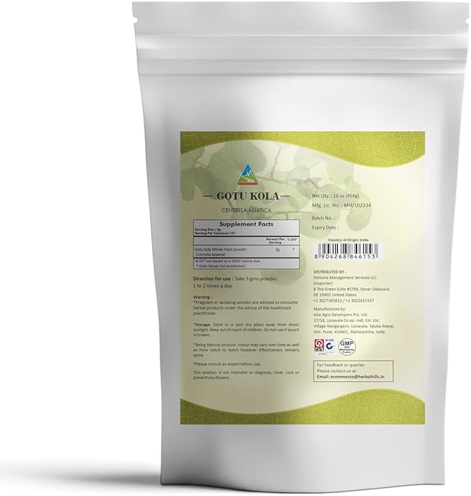 HERBAL HILLS Gotu Kola Powder Natural 16 Ounce Pack of 1