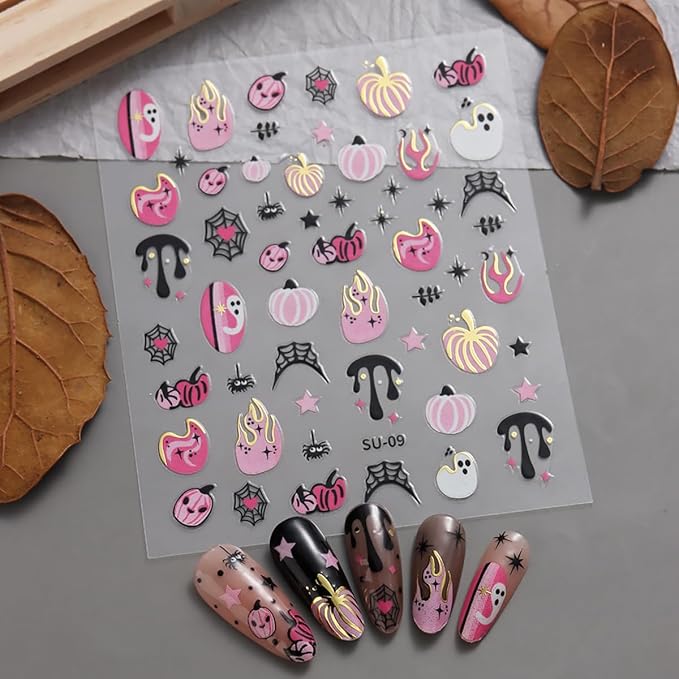 8 Sheets Halloween Nail Art Stickers Cute Ghost Spider 3D Self Adhesive Nail Stickers Gothic Pumpkin Nail Decals Gothic Skeleton Spooky Nail Design Stickers Halloween DIY Manicure Supplies