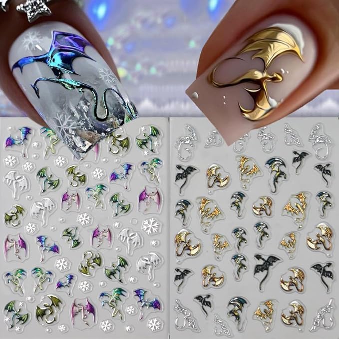 Halloween Nail Stickers 5D Metallic Dragon Snowflake Nail Art Stickers 2PCS Laser Silver Gold Bronzing 3D Fly Theme Design Self-Adhesive Winter Nail Decals Accessories for Holiday Nail Art Decorations