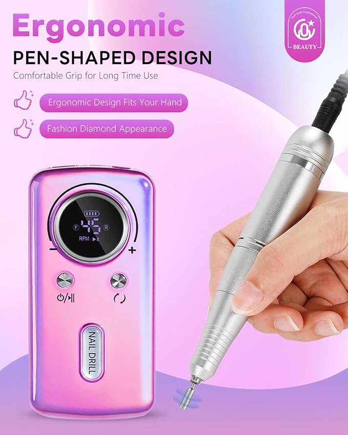 CozyZen Cordless Nail Drill Professional: 45000 RPM Rechargeable Electric Nail File Kit, Portable & Low Noise for Acrylic, Gel Nails, Manicure & Pedicure - Salon & Home Use