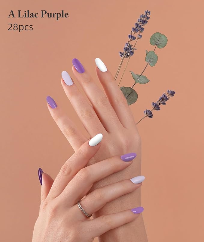 Semi Cured Gel Nail Strips, 28 pcs UV Gel Nail Stickers Full Nails Wraps for Women Home DIY Nails Art, UV Light Required(Lilac Purple)