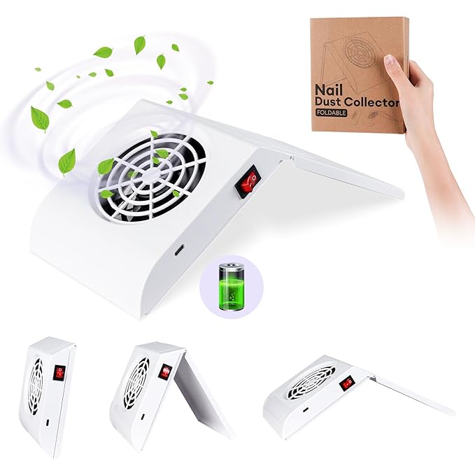 Mini Rechargeable Nail Dust Collector for Personal Use at Home，cordless Small Quiet Vacuum Nail Fan Dust Collector Vent for Nail Art, Foldable Design, 2 Filter Bags