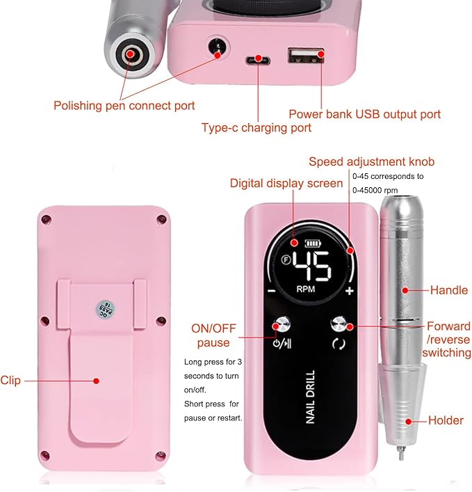 Electric 45000RPM Nail Drill Machine Rechargeable Portable Nail File Electric DIY Nail Drill Kit with Smart LCD Screen for Gel Nail Manicure and Pedicure Reflective Body etc(White)