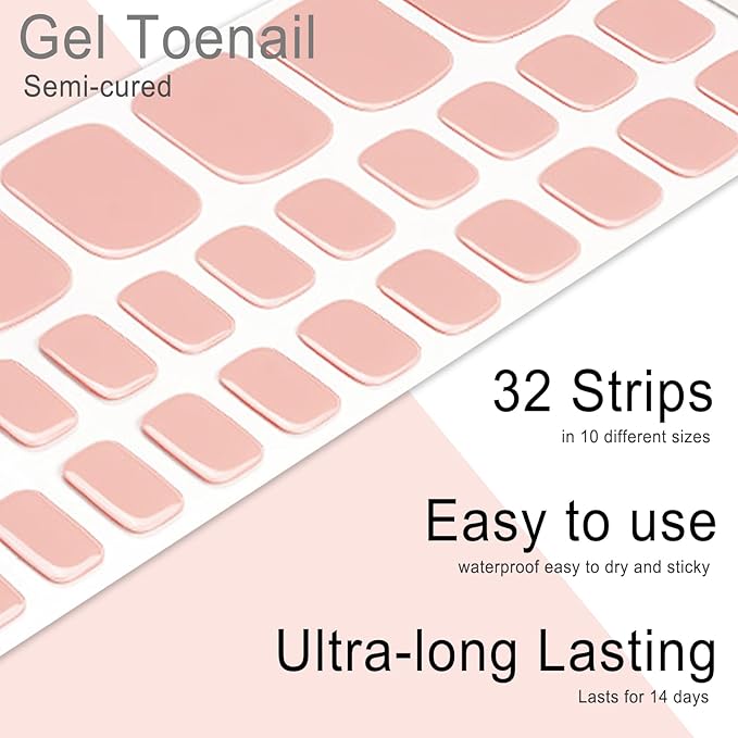 Semi Cured Gel Toenail Strips, 32 Soft Nude Gel Toenail Stickers - Works with Any UV Lamps Pedicure Strips Full Nail Wraps with Nail File & Wood Stick