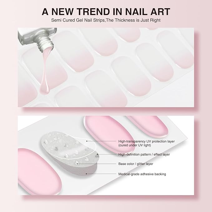 Semi Cured Gel Nail Strips, 20 PCS Gel Nail Stickers Work with UV Light, Salon Quality & Easy to Use - Gradient Nude