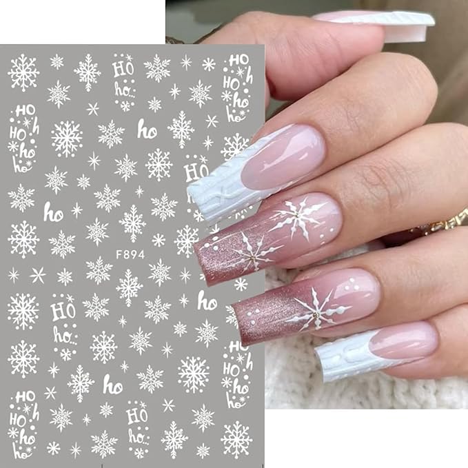 10Sheets Christmas Snowflake Nail Art Stickers White Snowflake Winter Nail Decals 3D Self Adhesive Xmas Nail Art Decorations Supplies Deer HOHO French Stripe Design Manicure Stickers for Women Girls