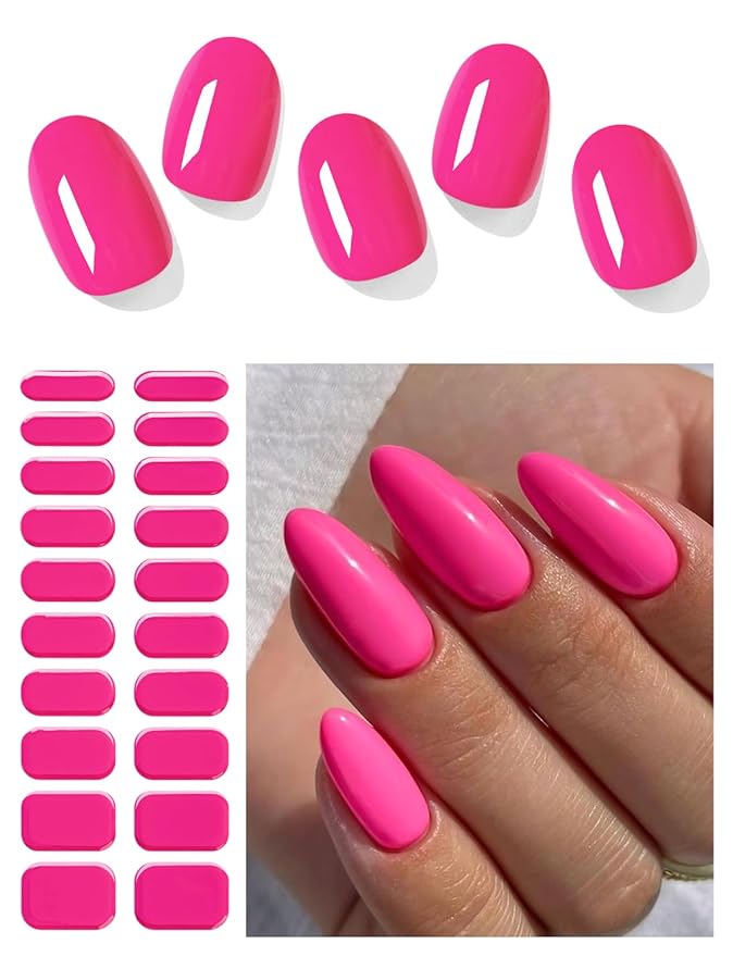 Semi Cured Gel Nail Strips (Classic Hot Pink), 20 Pcs Gel Nail Wraps, Stickers, UV Light Required, Salon Quality, Long Lasting