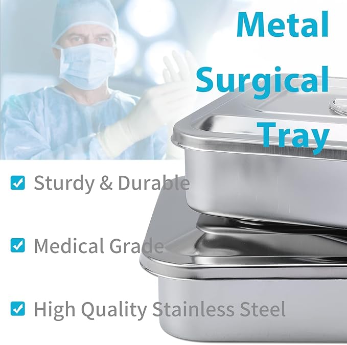 Medical Surgical Trays Stainless Steel Dental Instruments Tray Organizer Holder Sterilization Plate Trays Boxs with Lid & Handle Grip Large