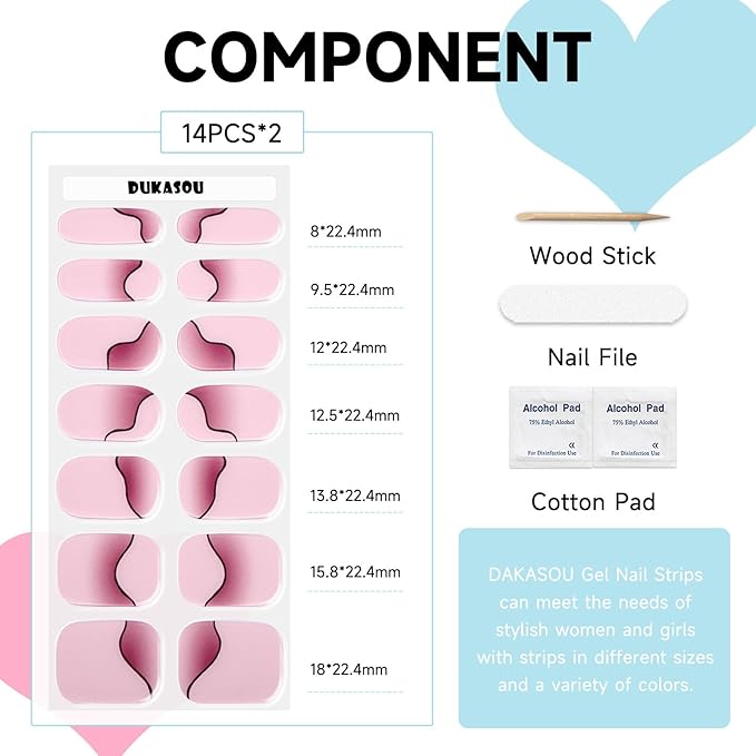 Semi Cured Gel Nail Strips, 28 pcs Gel Nail Stickers Work with Any UV Lights, Long-Lasting Nail Wraps, Stick on Nails for women Easy to Apply & Remove