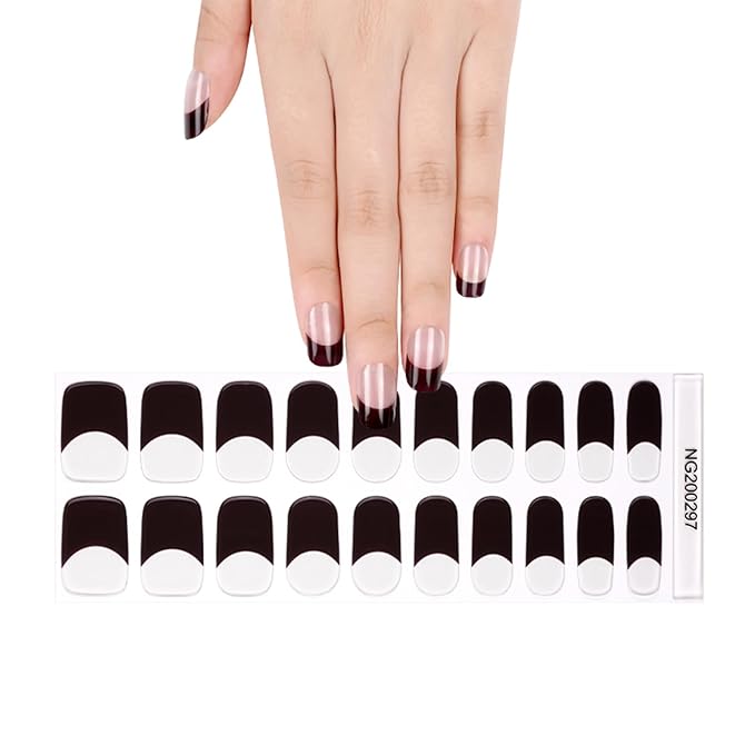 Semi Cured Gel Nail Strips, 20pcs Real Nail Polish Art Stickers, Red Black Gel Nail Stickers - Work with Any UV Lamp, Long Lasting Full Wraps with Nails File and Stick