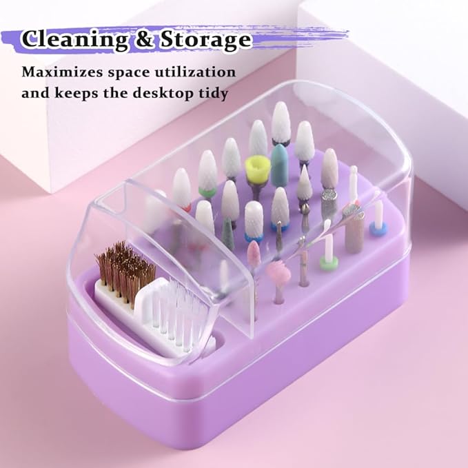 2 in 1 Nail Drill Bit Holder & Cleaner Brush Case, 30 Holes Dustproof Stand Display Storage Box with Steel Wire & Nylon Double Brush for Cleaning Tungsten Carbide Ceramic Nail Drill Bits Cuticle