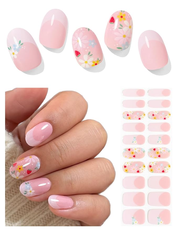 Semi Cured Gel Nail Strips (Orange Pink), Daisy, French Flower, 20 Pcs Gel Nail Wraps, Stickers, UV Light Required, Salon Quality, Long Lasting
