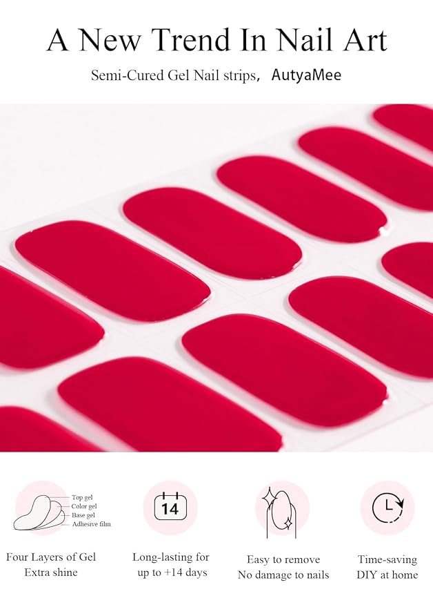 Semi Cured Gel Nail Strips (A Red), 20 Pcs Gel Nail Wraps, Stickers, UV Light Required, Salon Quality, Long Lasting