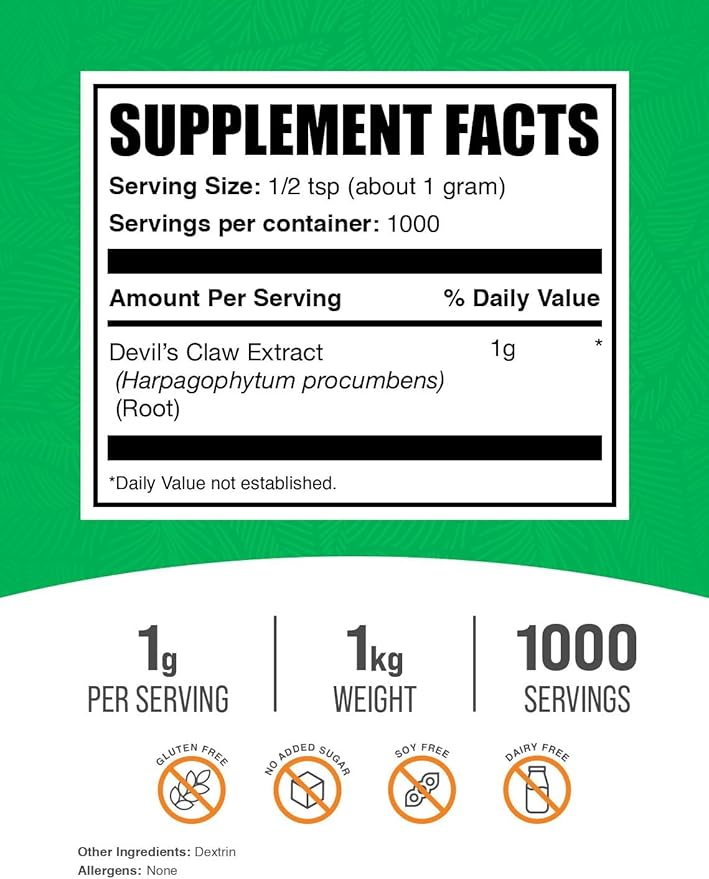 BulkSupplements.com Devil's Claw Extract Powder - from Devil's Claw Root, Herbal Supplement - Vegan & Gluten Free, 1g per Serving, 1kg (2.2 lbs) (Pack of 1)