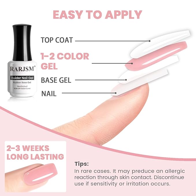 RARJSM Rubber Base Coat Gel Polish Nude Pinkish Red Skin Tone Rubberbase Gelpolish for Nails Natural Color French Manicure Extend Soak Off Curing Requires Single Bottle 15ml Salon Home DIY Use