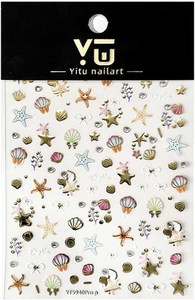 1Sheet 5D Embossed Gold Seashell Starfish Nail Art Stickers Self-Adhesive Bronzing Shell Starfish Nail Decals with Pearl Rhinestone Design Nail Sticker Summer Ocean Nails Supply for Women Nails Decor