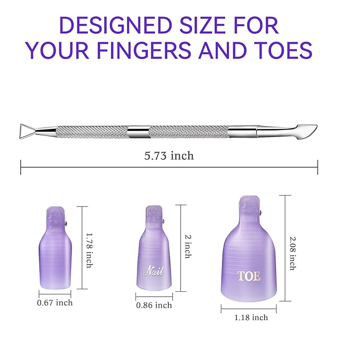 Makartt Nail Clips to Remove Gel Polish, with Double Ended Metal Cuticle Pusher, 20 Pcs Plastic Resuable Finger and Toe Nail Soak Off Clips for Removal Acrylic Art Nail Polish Remover Cap Clip