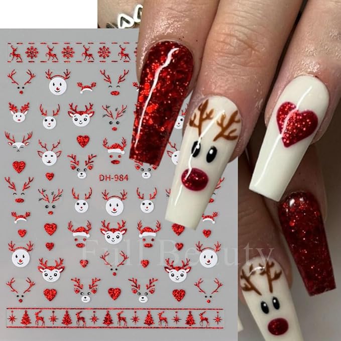 10 Sheets Christmas Nail Stickers for Nail Art, 3D Self-Adhesive Snowflake Nail Decals, Deer Elk Trees Nail Supplies Nail Art Designs Accessories for Women and Girls Manicure DIY Decoration