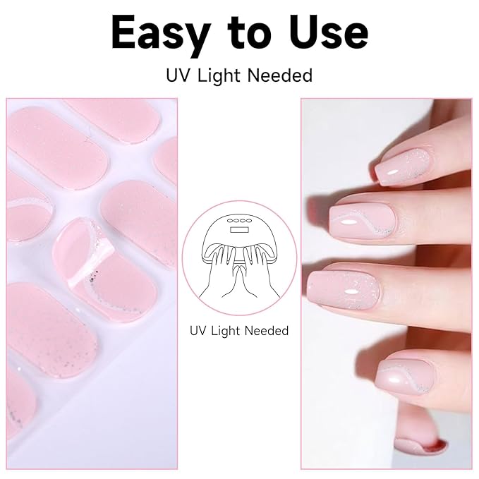 Semi Cured Gel Nail Strips, 28 pcs Gel Nail Stickers Work with Any UV Lights, Long-Lasting Nail Wraps, Stick on Nails for women Easy to Apply & Remove