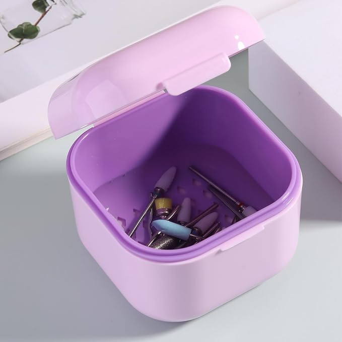 1Pc Plastic Nail Tool Sterilizer Box Nail Drill Bits Cleaning Box Polishing Tools Soaking Tray Manicure Pedicure Storage Container Case - Purple (Purple, 3.15“x3.15“x2.75“)